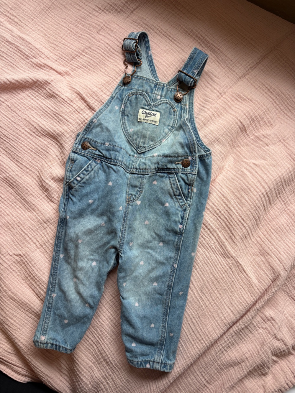 OshKosh B'gosh Light Blue Denim Overalls with Pink Hearts 9 months